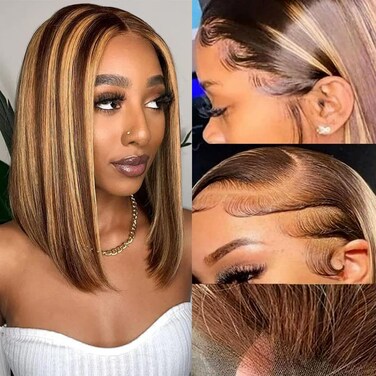 Bob Wig Human Hair Highlight Ombre 13x6 Lace Front Wigs Human Hair 180% Density 4/27 Honey Blonde Straight Frontal Wigs Human Hair HD Lace Wig Short Bob Wigs for Women Human Hair Glueless Wigs 12 Inch