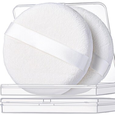 Teenitor 2pcs Powder Puff, 4.13 Inch Powder Puff for Body Powder, Body Powder Puff Large Powder Puff Loose Powder Puffs Soft Velour Body Powder Puff and Container White