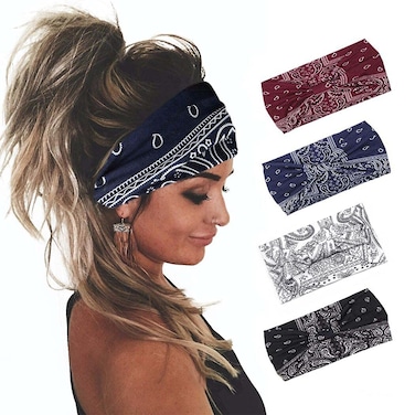 Yean Boho Wide Headbands Black Stretch Hair Bands Elastic Turbans Stylish Head Wraps for Women and Girls (Pack of 4) (Boho)