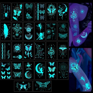 Mystic Boho Temporary Tattoo - 26 Sheets Butterfly Flower Glow In The Dark Temporary Tattoos for Women Girls Adult Glitter Fake Tattoo Stickers Party Decorations Supplies Favors