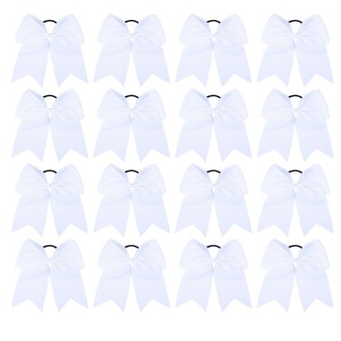 16Pcs Cheerleading Bows 8 Inch Large Cheer Hair Bows Grosgrain Ribbon Elastic Bands Handmade Ponytail Holder for Cheerleading Girls School College Sports (white)