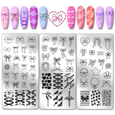 PH PandaHall 66 Patterns Bow Nail Stamper, 3pcs Nail Stamping Plate Cute Bowknot Nail Art Stencils Print Nail Stencils Stainless Steel Nail Plates for Nail Design Print Manicure Salon