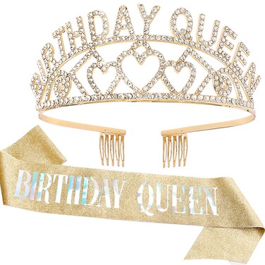 CIEHER Birthday Crown, Birthday Queen Sash &amp; Rhinestone Tiara Kit for Women Girls,Tiaras and Crowns for Women,Gold Queen Crown,Princess Elegant Crown with Combs,Sweet Birthday Party Decorations