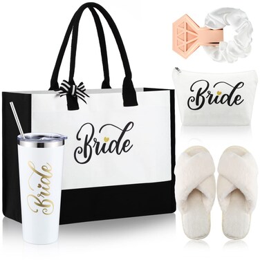 LEIFIDE Bride Tote Bag Bride Gifts Set 5 Pcs Makeup Bag Bride Stainless Tumbler Cup Bride Slippers White Hair Tie Slippers for Bridal Shower Bachelorette Party Wedding Day Gifts for Bride (Classic)