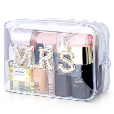 Etercycle MRS Clear Cosmetic Bag, Bachelorette Gifts for Bride Makeup Bag, Portable PVC Travel Toiletry Bag Bling Pearl Rhinestone Patch Letter Bags for Engagement Party Women Wedding Bridal (Gold)