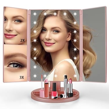 JAMIEWIN Lighted Makeup Mirror 3X/2X/1X Magnification 21 LED Trifold Vanity Mirror with Touch Sensor Dimming Portable Travel Mirror Best Xmas Gifts for Women Girls