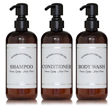 Amber Refillable Shampoo and Conditioner Bottles - Body Wash, Shampoo and Conditioner Dispenser - PET Plastic Shampoo Bottles Refillable with Pump - Waterproof Labels - 16 oz, 3 Pack (Black Satin)