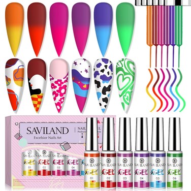 SAVILAND Temperature Color Change Gel Nail Polish: 6 Colors Changing Liner Gel Nail Polish Mood Temperature Change Nail Polish Gel Set Soak Off Nail Art Gel DIY Salon Valentine's Day Manicure Home