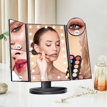 DOUBLEZHE Infitrans 3 Folds Lighted Vanity Makeup Mirror,1X/2X/3X Magnification, 24 LED Light Bright Table Mirror with Touch Screen,180 Adjustable Rotation,Portable Travel Cosmetic Mirror