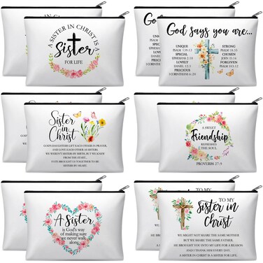 Reginary 12 Pieces Sisters in Christ Makeup Bags Christian Gifts for Women Christian Secret Sister Cosmetic Bags Inspirational Religious Valentine Mother's Day Birthday Gift for Best Friends