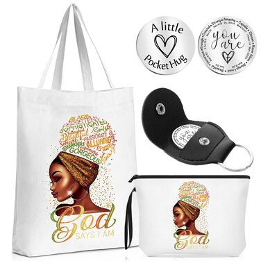 Sadnyy 4 Set Black Girl Tote Bag African American Gifts Inspirational Cosmetic Bags Canvas Shoulder Handbag Motivational Pocket Hug Token and PU Leather Keychain Make up Bags for Black Women(Elegant)