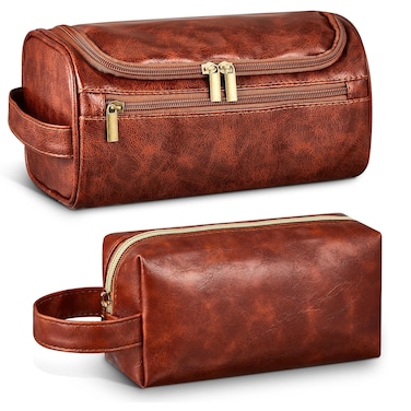 2 Pcs Leather Toiletry Bag for Men Christmas Men's Gifts Travel Organizer Kit Bathroom Bag with Handle Water Resistant Shaving Bags for Christmas Father's Day, Anniversary, 2 Sizes