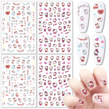 Hello Kitty Nail Stickers Decals 3D Self Adhesive Nail Design Stickers Cute Cartoon Cat Nail Decals for Women Girls DIY Manicure Tip 4 Sheets Hello Kitty Nail Art Stickers