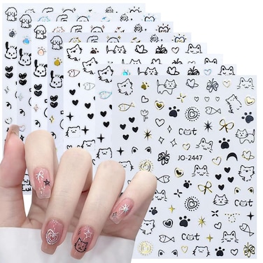8 Sheets Cartoon Cute Cat Nail Stickers 3D Nail Decals Graffiti Love Heart Gold Bronzing Star Laser Design Glitter Gold Silver Black Nail Supplies Moon Stars Sticker Nail Art DIY Manicure Decoration