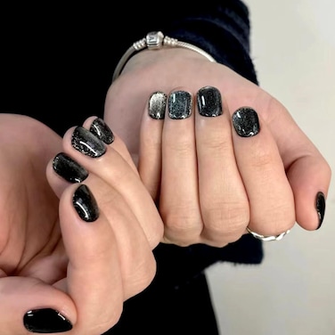 Short Press on Nails Square Cat Eye Fake Nails Sliver Glitter False Nails with Color Changing Designs Black Full Cover Acrylic Nails Light Luxury and Petite Stick on Nails for Women 24Pcs