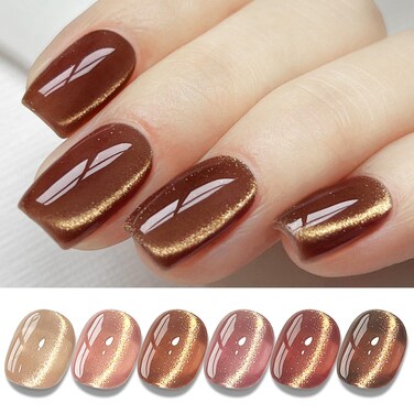 Double Rhythm Cat Eye Gel Nail Polish Set of 6 Colors Shimmer Glitter with Magnet 9D Holographic Reflective Magnetic Nail Polish Kit (Coffee Brown Red Plum Pink Purple-Kit 42)