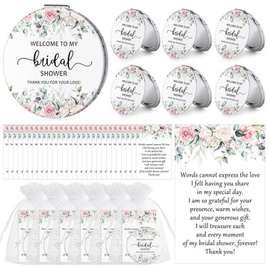XunYee 24 Sets Bridal Shower Favors for Guests Flower Design Makeup Mirrors Leather Compact Mirrors Bridal Thank You Cards with Organza Bags Bridesmaid Gifts Wedding Party Favors Supplies