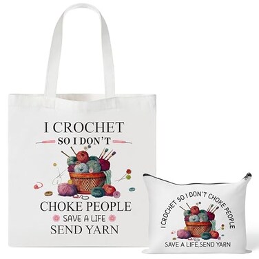 Y1tvei Crochet Canvas Tote Bag - 2Pcs I Crochet So I Don't Choke People Save A Life Send Yarn Canvas Cosmetic Pouch Tote Bag, Reusable Grocery Folding Shopping Bag, Knitting Gifts for Crocheters Women