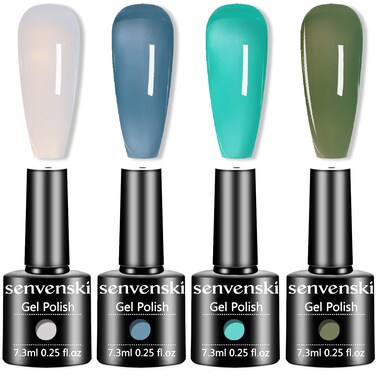 senvenski Jelly Crystal Gel Nail Polish Translucent Sheer Clear Milky White Blue Green Emerald Turquoise Gift Soak Off UV LED Manicure Art Varnish Kit Set (CS015)