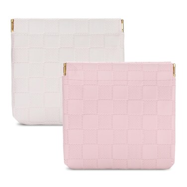 Sightor 2PCS Small Makeup Bag for Purse, Mini Cosmetic Bag Waterproof Pouch for Women, Checkered Purse Self-closing Coin Lipstick Small Leather Cosmetic Pouch (Pink, White)