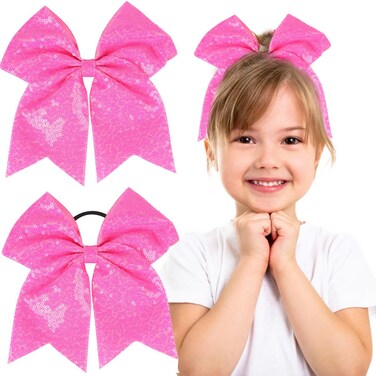 2 PCS 8' Large Glitter Cheer Hair Bows with Ponytail Holders for Jumbo Cheerleading Teen Girls Sports (Bright Rose)
