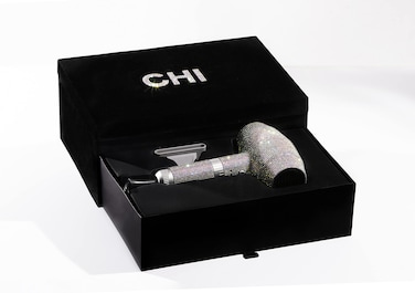 CHI The Sparkler V.I.P. Hair Styling Gift Set in Black Velvet Case includes 1" Volcanic Lava Hair Styling Iron Dual Voltage, 1600W Professional Hair Dryer, Silver