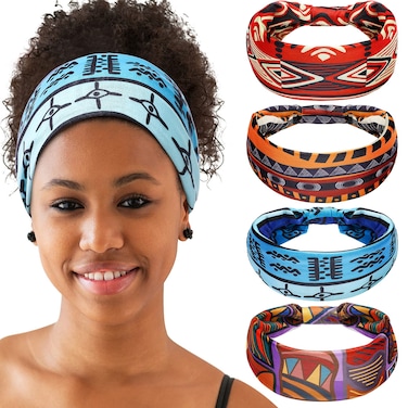 WILLBOND 4 Pieces African Headbands Knotted Wide Yoga Stretchy Bandeau African Headwrap Hair Accessories for Women and Girls