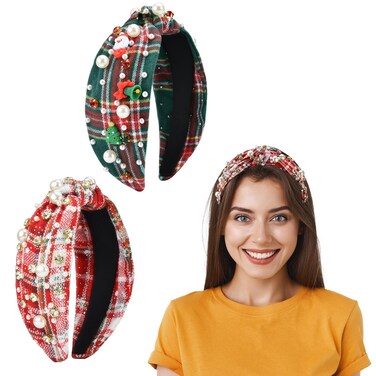 Christmas Beaded Headbands for Women 2Pcs Rhinestone Faux Pearl Beaded Wide Headband Fashion Jeweled Plaid Tartan Knotted Holiday Head Band (Red+Green: C)