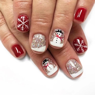 Christmas Press on Nails Short Fake Nails with Snowflakes Snowman Designs Xmas Square Glitter Glue on Nails Press ons White French Tip False Nails Acrylic Red Stick on Nails for Women Girls 24 Pcs
