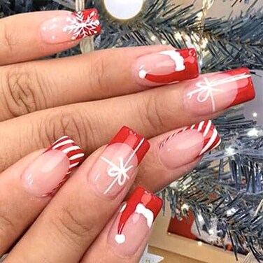 Christmas Press on Nails Medium Square Fake Nails with Santa Tat Snowflake Stripe Design Glue on Nails Light Pink Full Cover False Nails Christmas Nails Press ons for Women 24Pcs