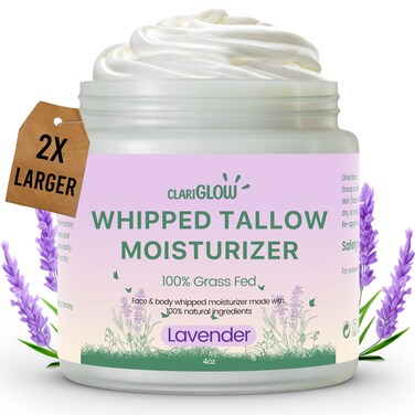 Whipped Beef Tallow Face Moisturizer   100% Grass Fed Beef Tallow Skin Face Balm Cream   Lotion Balm Body Moisturizer with Honey &amp; Lavender   4 oz   Natural Skin Care