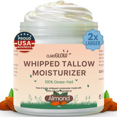 Whipped Beef Tallow Face Moisturizer   100% Grass Fed Beef Tallow Skin Face Balm Cream   Lotion Balm Body Moisturizer with Honey &amp; Almond   4 oz   Natural Skin Care