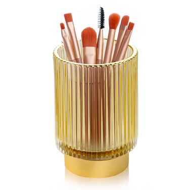 WHJY Modern Minimalist Striped Clear Yellow Glass Cosmetic Organizer, 5 Inch Lipstick Holder