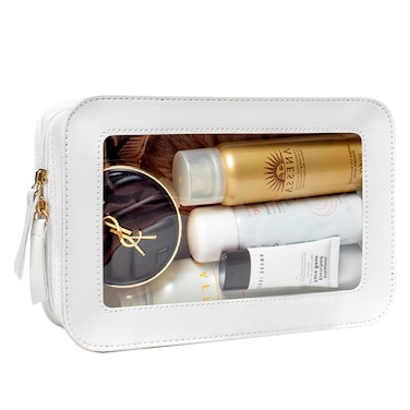 Clear Makeup Bag Organizer, TSA Approved Portable Travel Toiletry Bag Multipurpose Cosmetic Bag Case for Women Vegan Leather Make Up Pouch Transparent Vinyl Windows