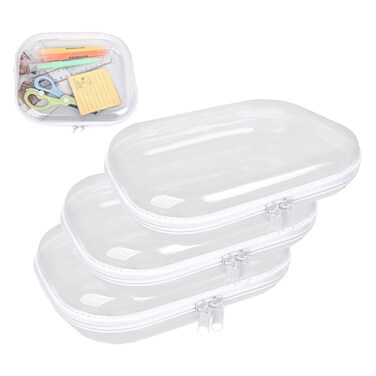 Clear Hard Shell Zipper Case,3PCS Transparent Clear Zipper Pouches,Hard Side Plastic Zipper Pencil Case Set,Portable Travel Storage Organizer Bins