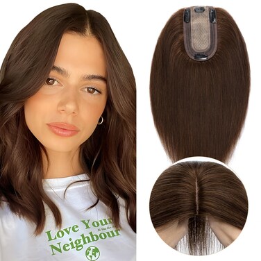 Elodia Hair Toppers for Women Real Human Hair Topper No Bangs 150% Density Hairpiece for Women with Thinning Hair Cover Grey Hair Hair Loss 10 inch Medium Brown