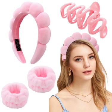 LOVNFC spa headband for washing face Pink set with 1 makeup headband &amp; hair claw clips &amp; 2 wrist band for women make up cute fluffy skincare headband christmas gift set for girls