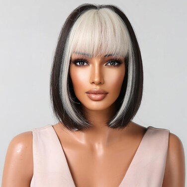 BERON Black Platinum Short Wigs Straight Bob Hair Wig for Women Wigs with Bangs Synthetic Daily Use Wigs Wig Cap Include
