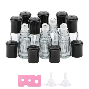Kesell Dark black Octagonal Glass Roller Bottles 10Pcs 3ml Travel Cosmetic Perfume Sample Containers Mini Essential Oil Massage Roll-on Bottle Vials with Steel Ball, Opener and Funnel