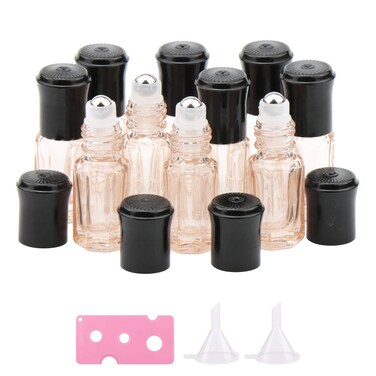 Kesell 10 Pack 3ml Mini Glass Roller Bottles for Essential Oils Portable Travel Cosmetic Container Empty Octagonal Glass Perfume Bottles with Stainless Steel Ball, Opener and Funnels
