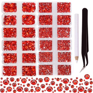 2-Box Massive Beads 8000pcs 6Sizes Nail Art Flatback Glasses Rhinestones Crystal for DIY Project with Tweezers and Picking Pen for Nail Art, Face Art, Manicure (Light Siam, 6 Sizes)