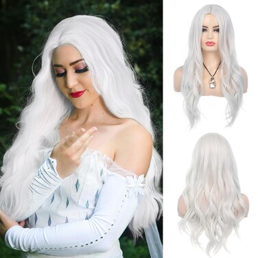 Long White Wavy Wigs for Women,Middle Part Heat Resistant Synthetic Hair Wig for Halloween Cosplay Daily Use,27 Inch