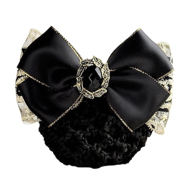 Women Gold Trim Ribbon Bowknot Snood Net with Black Rhinestone Elastic Hair Clip Bow Barrette Bun Cover Hairnet Decor Hair Accessories for Nurse Bank Clerk Air Hostess