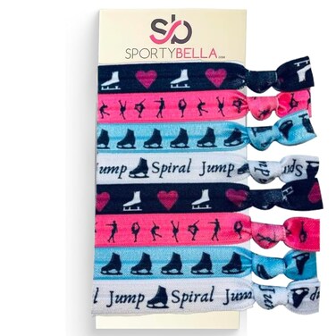 Sportybella Figure Skating Hair Accessories (Pink/Blue) for Girls - No Crease Ponytail Holders With Ice Skating Design, 8pcs