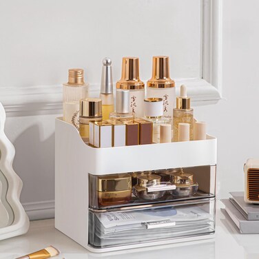 Makeup Organizer for Vanity,Vanity Organizer with 2 Drawers,Makeup&amp;Skincare Organizers Countertop,Cosmetic Display Case,Vanity Storage Box(White)