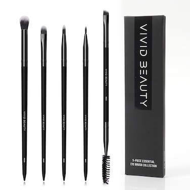 Eye Makeup Brush Set 5pcs - Blending, Concealer, Eyeshadow, Eyeliner &amp; Dual Ended Brow Brushes, Soft Bristles and Wood Handle for Natural, Smoky and Bold Eye Looks - Small Travel Eyes Kit (Black)