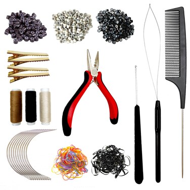 FEXICHUJI Hair Extension Microlink Tool Kit, 600 Silicone Nano Microbeads, 1 Extension Pliers, 3 Rolls of Sewing Thread, 2 Hair Pulling Loops, 10 Crochet Hooks, 4 Clips, 1 Comb, 200 Rubber Bands