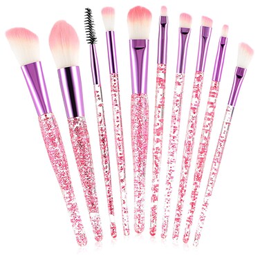 Glitter Crystal Makeup Brush Set, 10Pcs Rose Pink Crystal Sparkle Makeup Brushes Kit, Premium Cosmetic Brush Set for Foundation Powder Liquid Cream Blending Eye Shadow Eyebrow Blush Concealer