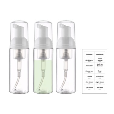 2oz Travel Size Foam Pump Bottle-3 PCS, Empty Leak-Proof, TSA Approved, Travel Foaming Pump Bottles for Shampoo, Shower Gel, Hand Soap, Facial Cleanser (Clear)