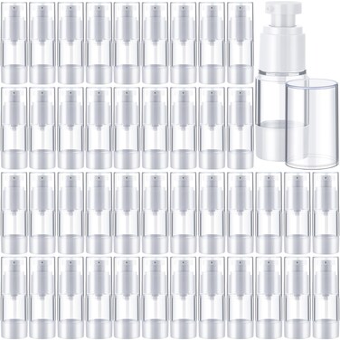 Yaomiao 50 Pcs 0.5 oz 15 ml Airless Pump Bottle Plastic Cosmetic Lotion Dispenser Travel Size Foundation Bottle Refillable Container Vacuum Airless Bottles Empty Clear Pump Jar Small Skin Care Bottle